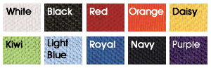 Shirt colors: White, Black, Red, Orange, Daisy (Yellow), Kiwi (Green), Light blue, Royal, Navy, Purple