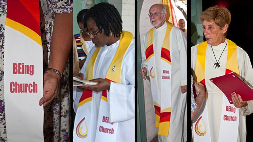Being Church Stole: white with red, orange, yellow flowing color areas and red text
