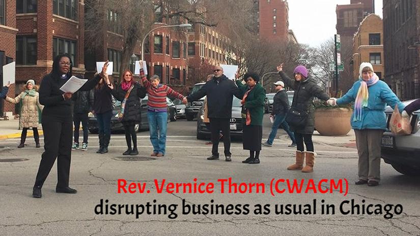 Rev. Vernice Thorn stopping traffic in Chicago