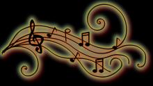 music notes on a wavy music staff with bright color outlines