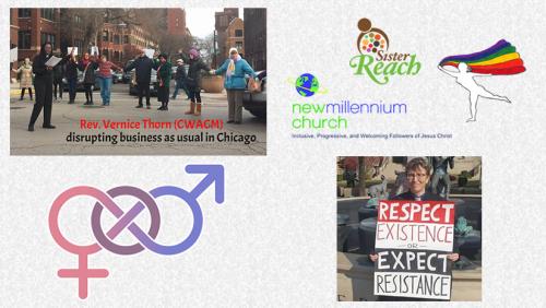 collage of CWACM agenda images: protests. male and female symbols, and partner logos